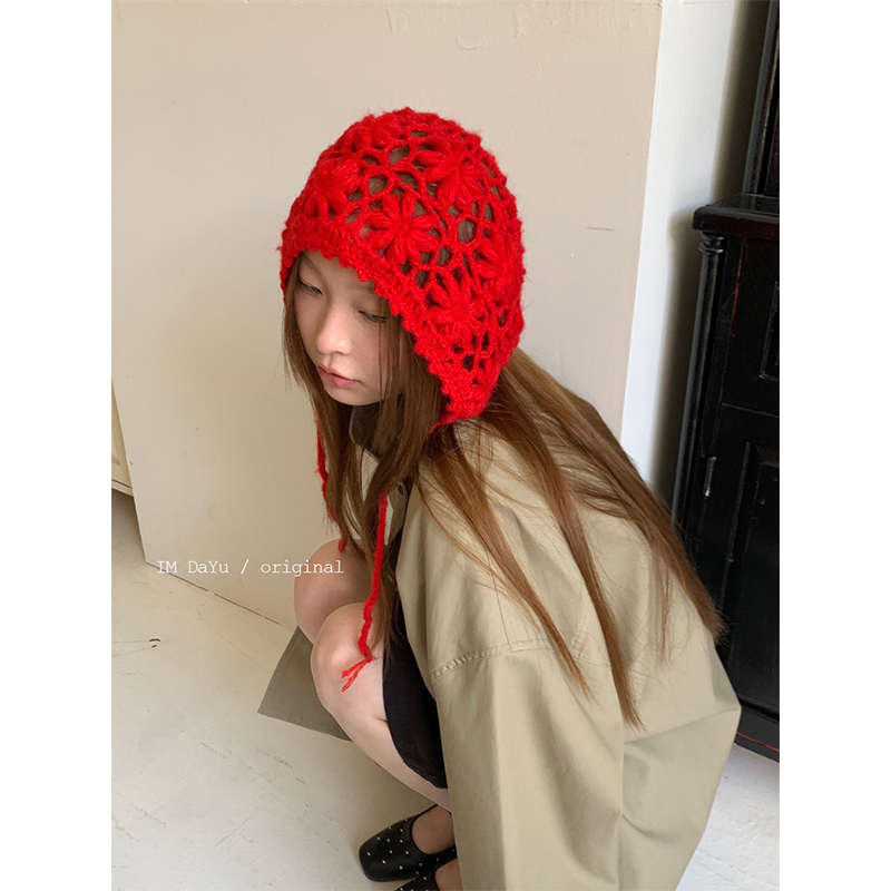 氛围感复古红手工钩花帽