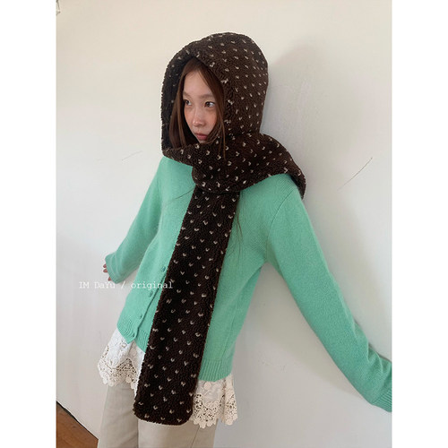 韩系复古少女羊羔毛围巾一体帽