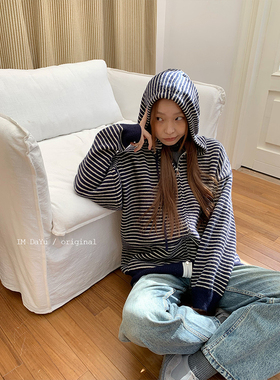 DaYu 韩国复古抽绳连帽宽松毛衣外套女慵懒风条纹开衫休闲上衣潮