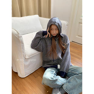 DaYu 韩国复古抽绳连帽宽松毛衣外套女慵懒风条纹开衫休闲上衣潮