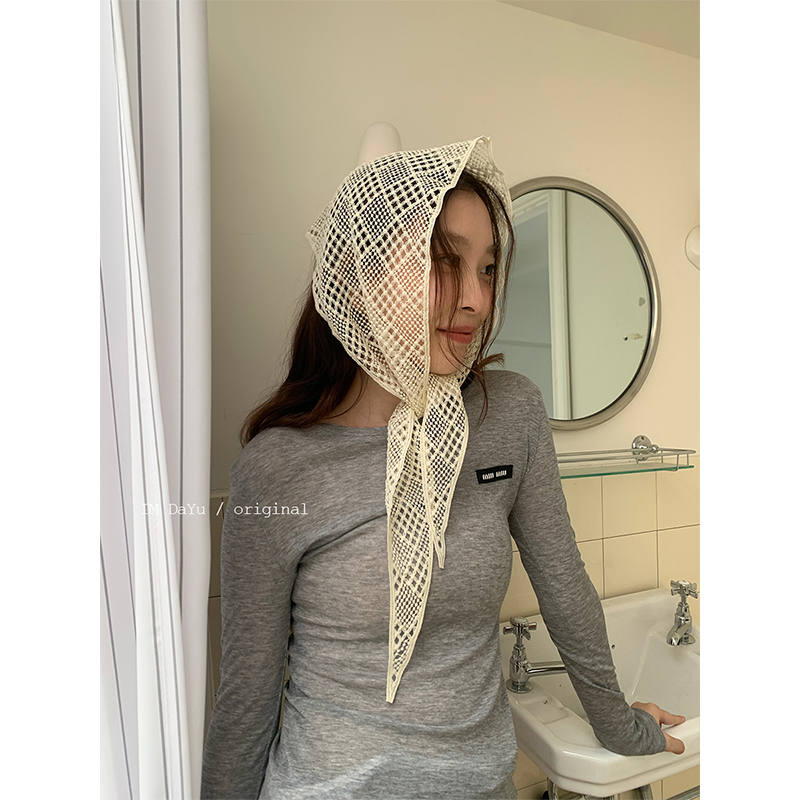 ins镂空简约三角头巾女多功能法式领巾叠穿层次屁帘针织绑发丝巾