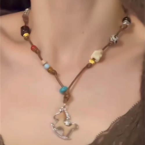 木质小马串珠编织绳项链女