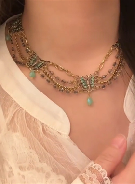 镶钻绿色蝴蝶项链女颈链