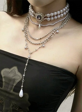 zoozmomo银灰色多层叠戴珍珠项链女甜酷辣妹高级感choker锁骨颈链