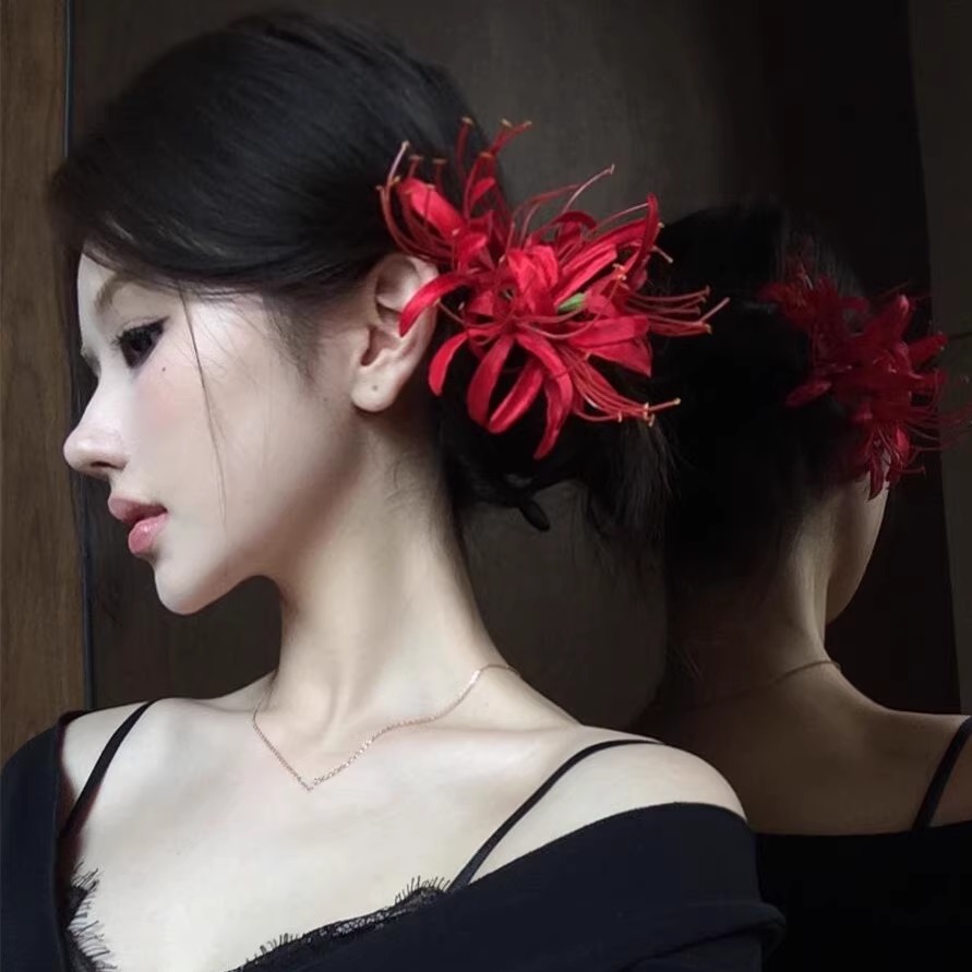 红色复古彼岸花国风旗袍发饰发卡