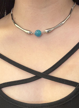 潮酷辣妹蓝色圆珠子项链女款