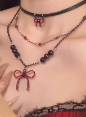 暗黑哥特风蝴蝶结吊坠项链