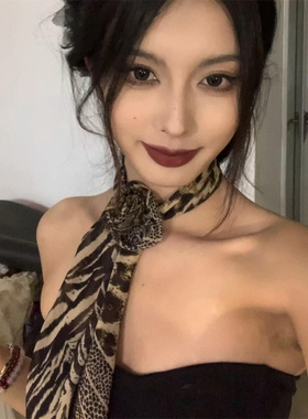 美式复古豹纹玫瑰花丝巾女
