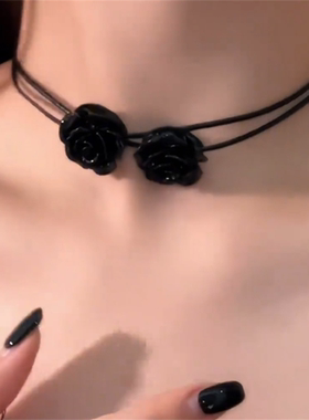 黑色玫瑰花项链女款颈链