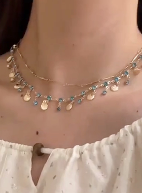 度假风蓝色锆石贝壳双层项链