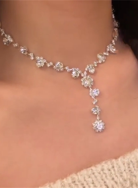 超闪银色满钻流苏项链耳环套装