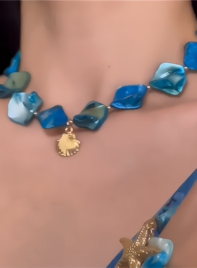 蓝色不规则碎石贝壳项链女