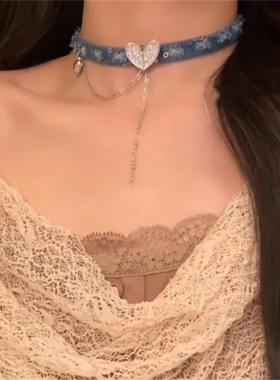 蓝色牛仔爱心流苏项链女