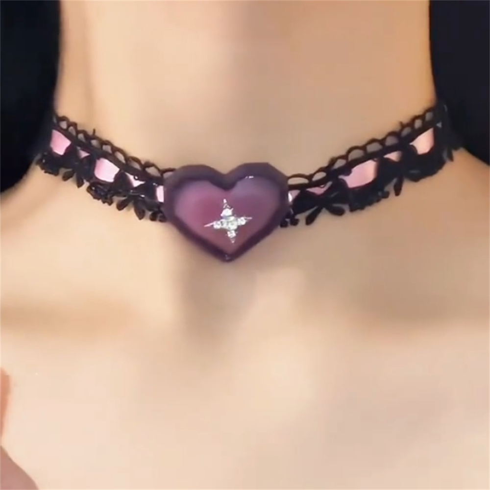 紫色爱心蕾丝蝴蝶结项链
