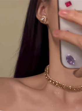 香槟色方形锆石项链女轻奢高级