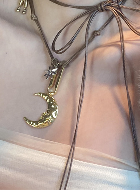 中古vintage月牙芒星蜡绳项链