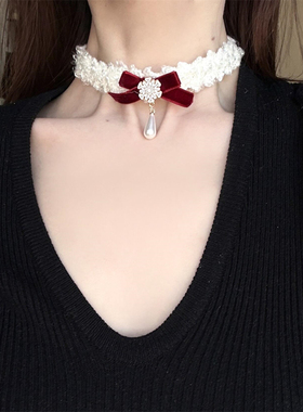 红色蝴蝶结珍珠项链女