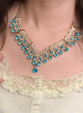 蓝色水滴锆石项链女婚纱礼服颈链