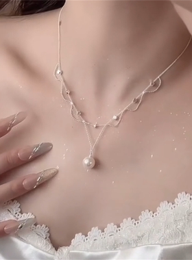 法式蕾丝珍珠吊坠项链女