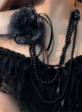 黑色花朵长款叠戴项链女轻奢