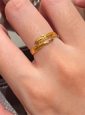 金属拉丝羽毛戒指女款