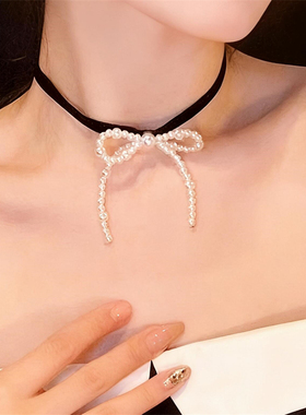 纯欲风蝴蝶结珍珠项链女