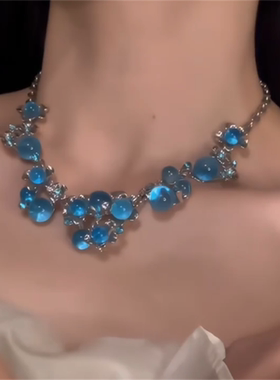 蓝色锆石花朵水晶项链女