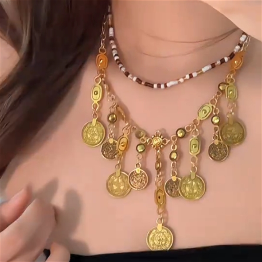波西米亚金色假钱币流苏项链女