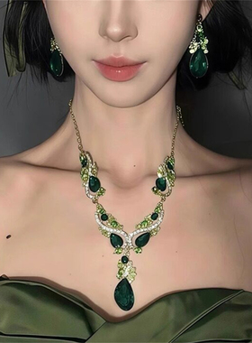 欧美夸张绿色水滴锆石项链耳环