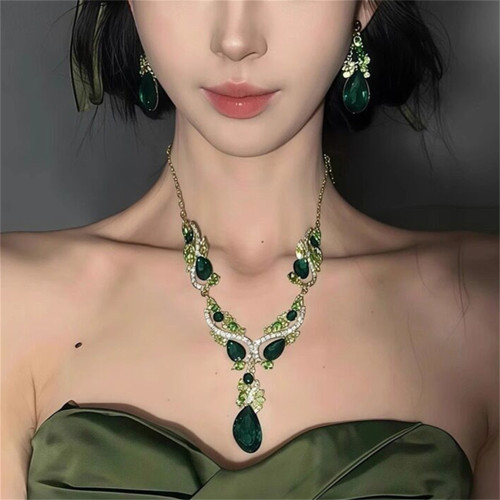欧美夸张绿色水滴锆石项链耳环