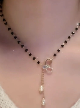 黑水晶串珠蝴蝶结项链女