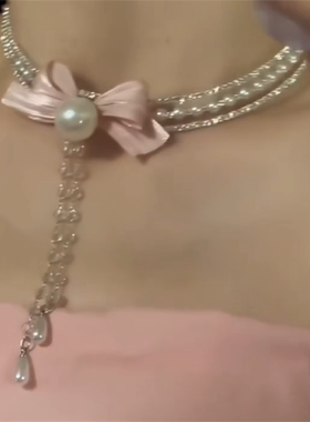 粉色蝴蝶结珍珠流苏项链女