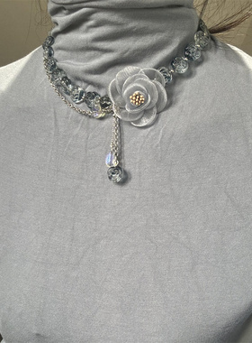 zoozmomo蓝色花朵水晶串珠流苏chocker项链女小众设计高级感颈链