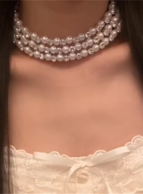 三层珍珠串珠项链耳环套装