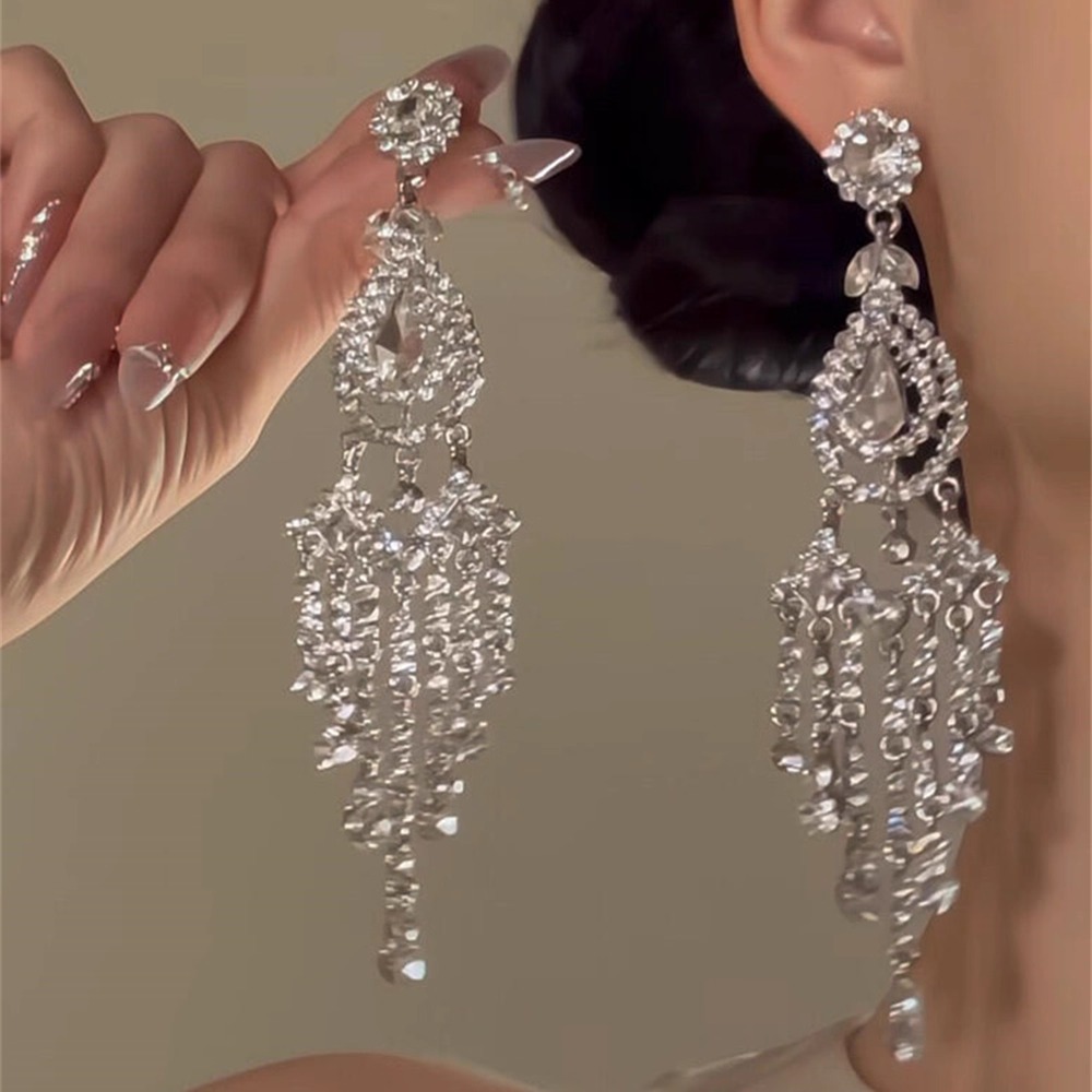 超闪镶钻水滴菱形流苏耳钉女