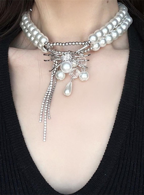 重工蜘蛛珍珠项链颈链女