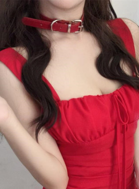 红色皮质项圈朋克个性小众锁骨链