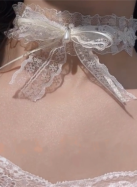 白色蝴蝶结蕾丝choker项链