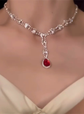 红色水滴锆石项链耳环套装女