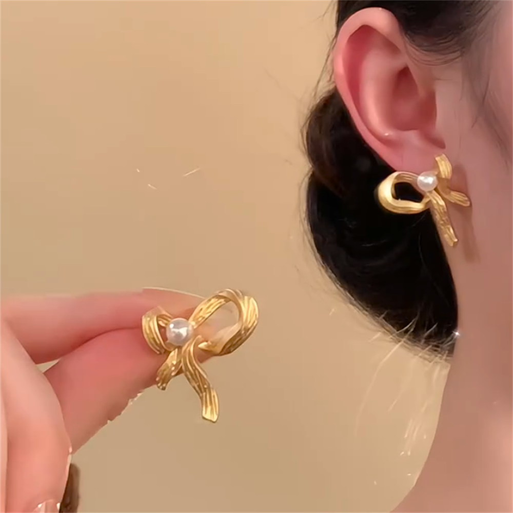 金属蝴蝶结珍珠耳环女