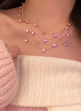 超闪粉色锆石多层叠戴项链