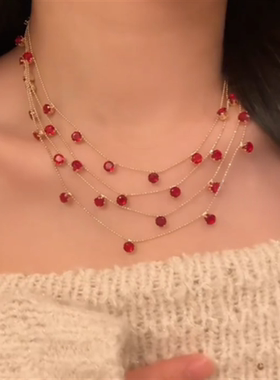 满天星项链叠戴多层红色锁骨链