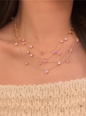 粉色锆石多层流苏项链女
