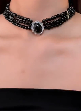 黑色串珠镶钻项链女款