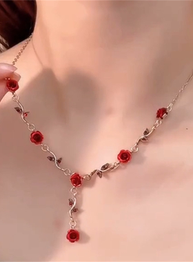 锁骨链红色玫瑰花项链复古辣妹风