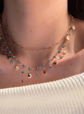 蓝色贝壳流苏锆石项链女