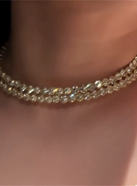 香槟色锆石choker项链耳环套装