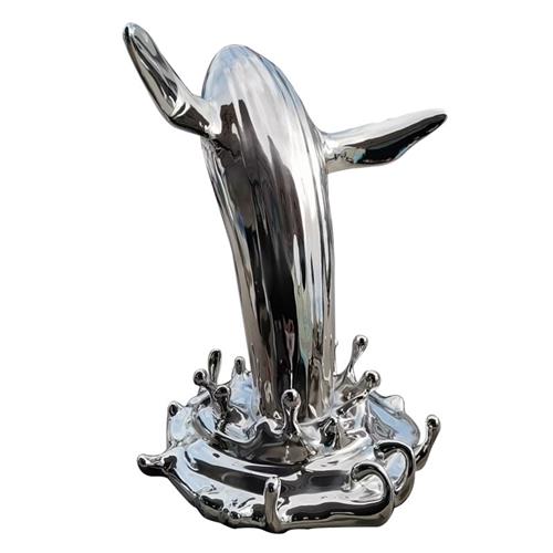玻璃钢鲸鱼浪花雕塑不锈钢定制创意水景酒店门厅海洋动物摆件装饰