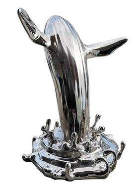 玻璃钢鲸鱼浪花雕塑不锈钢定制创意水景酒店门厅海洋动物摆件装饰