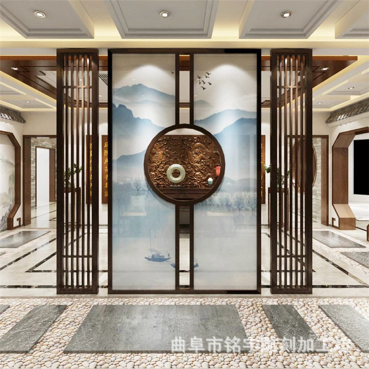新中式实木布艺半透隔断屏风